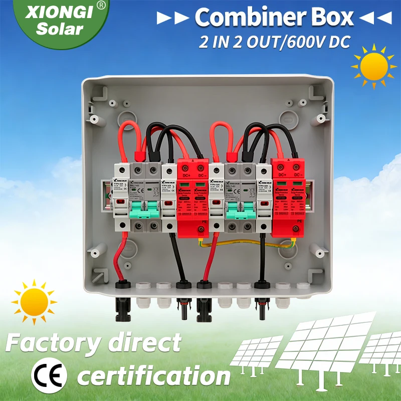 

Распределительная коробка для солнечных панелей 600В, 2 входа/2 выхода, с выключателем, предохранителем, автоматическим выключателем и устройством защиты от перенапряжения (SPD) для фотоэлектрической защиты солнечных