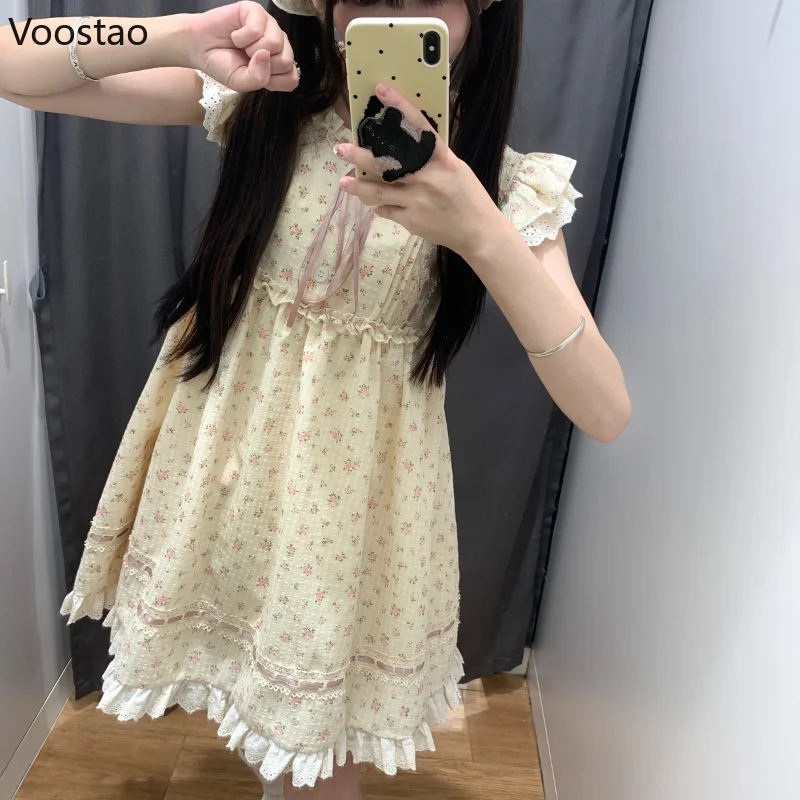 Summer Floral Print Kawaii Lolita Dress Women Sweet O-Neck Lace Ruffle Flying Sleeve Mini Dresses Female Korean Cute Fairy Dress