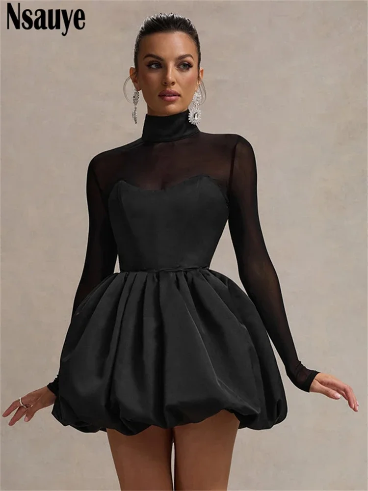 Nsauye 2024 Women Elegant Short Satin Chic Sexy Mini Evening Club Party Dress Bud Hem Fashion Mesh Long Sleeve Dress Turtleneck