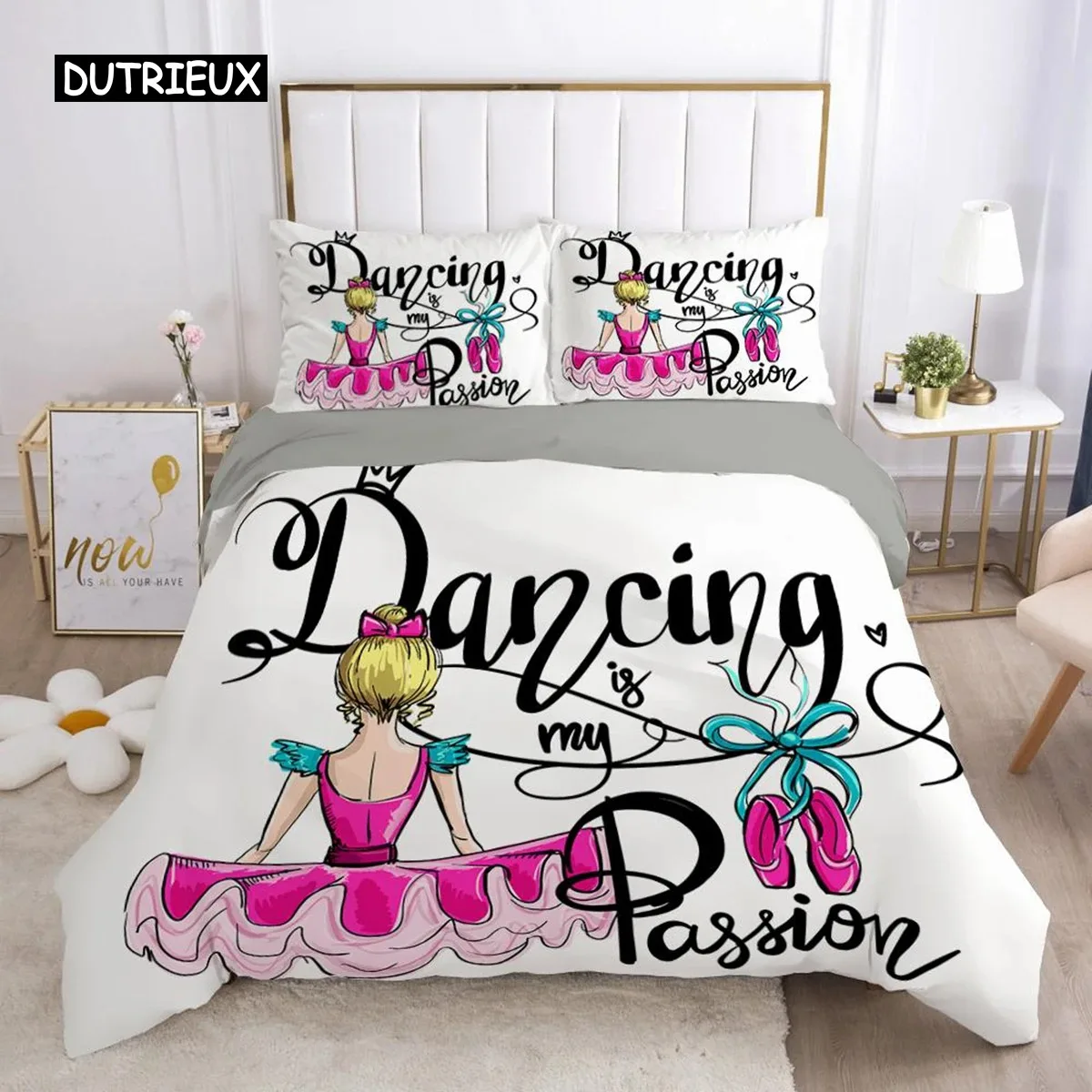 Ballet Dancer Duvet Cover Set King Size Dancing Is My Passion Print Bedding Set Microfiber Girl Ballet Shoes Pattern Quilt Cover