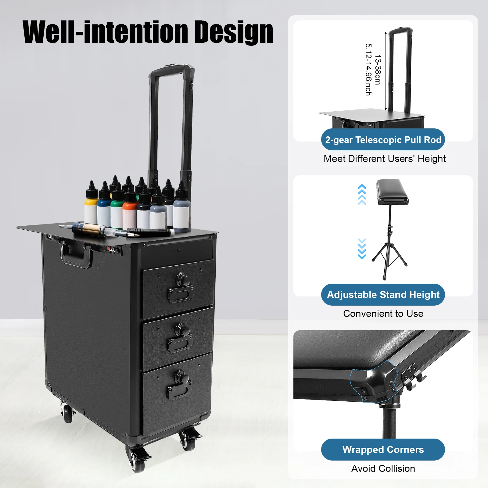 Rolling Case W/ 3 Drawers & Portable Table 44.09lbs Load Capacity Freestanding Workstation Adjustable Height Easy Transport