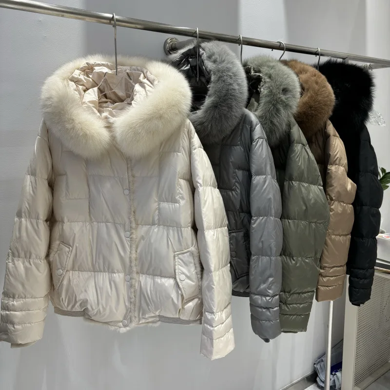 Piumino corto invernale da donna europeo nuovo piumino corto in pelliccia di visone patchwork con cappuccio allentato