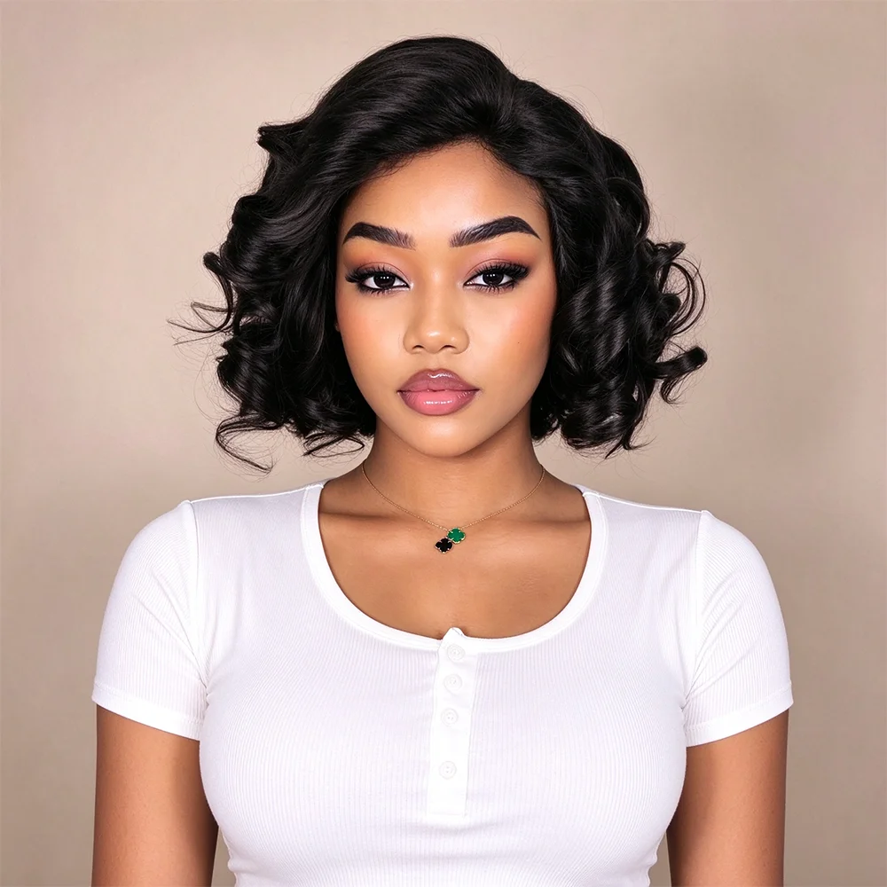 Short Curly Bob Human Hair Wig for Women, Natural Black Loose Curly Bob Wig, 13x4 Transparency Lace Front Brazilian Virgin Hair