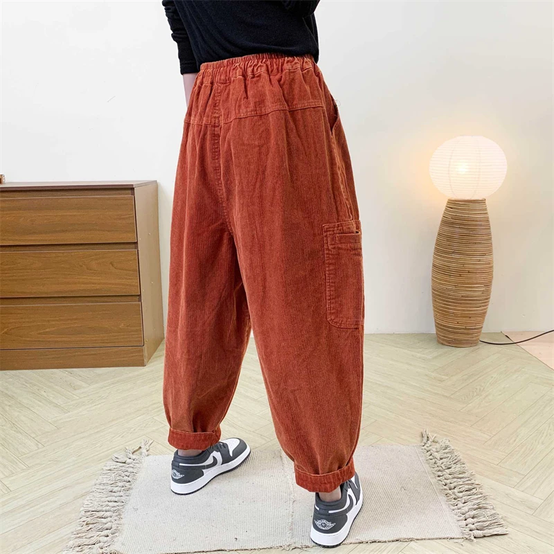Masss Wasss Korean Fall Females Fitness Loose Corduroy Pants Womens Fashion Casual Vintage Classic Elastic Waist Harem Trousers