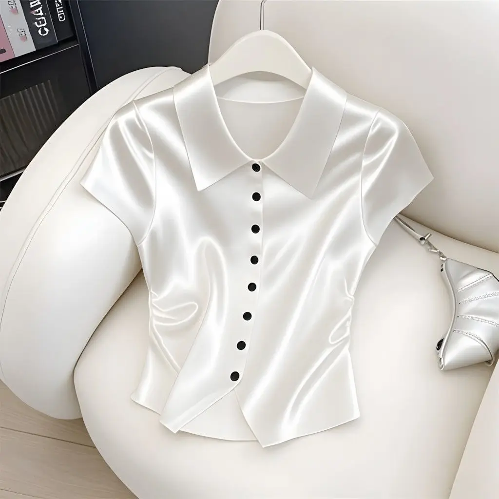 2025 여름 신상 패션 기질 버튼 솔리드 컬러 셔츠 여성 패션 턴다운 칼라 반팔 블라우스 여성 의류