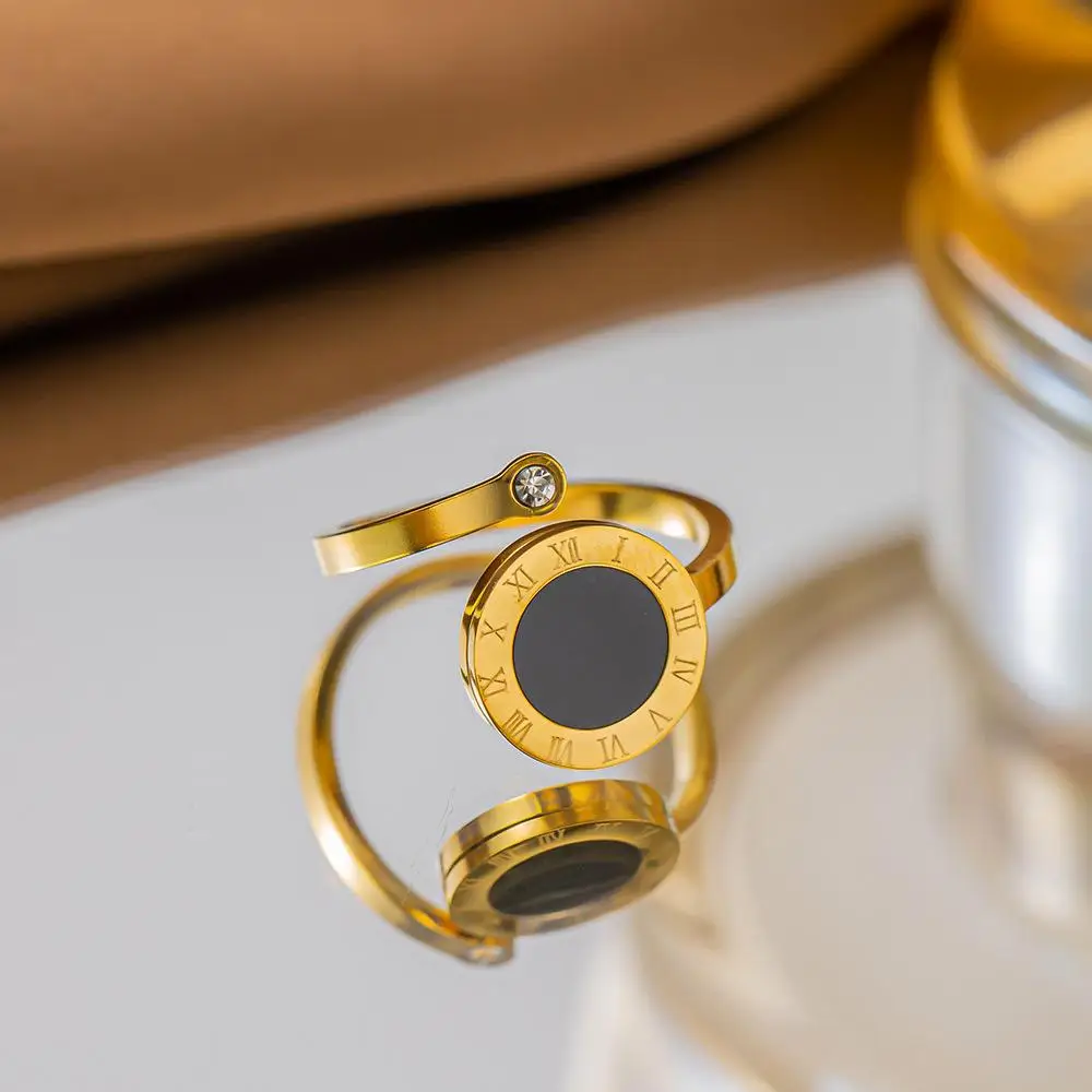 RAKOL High Quality Roman Numeral Black Shell Open Rings For Women 18k Gold Plating Titanium Steel Tail Ring Not Fading Jewelry image 4