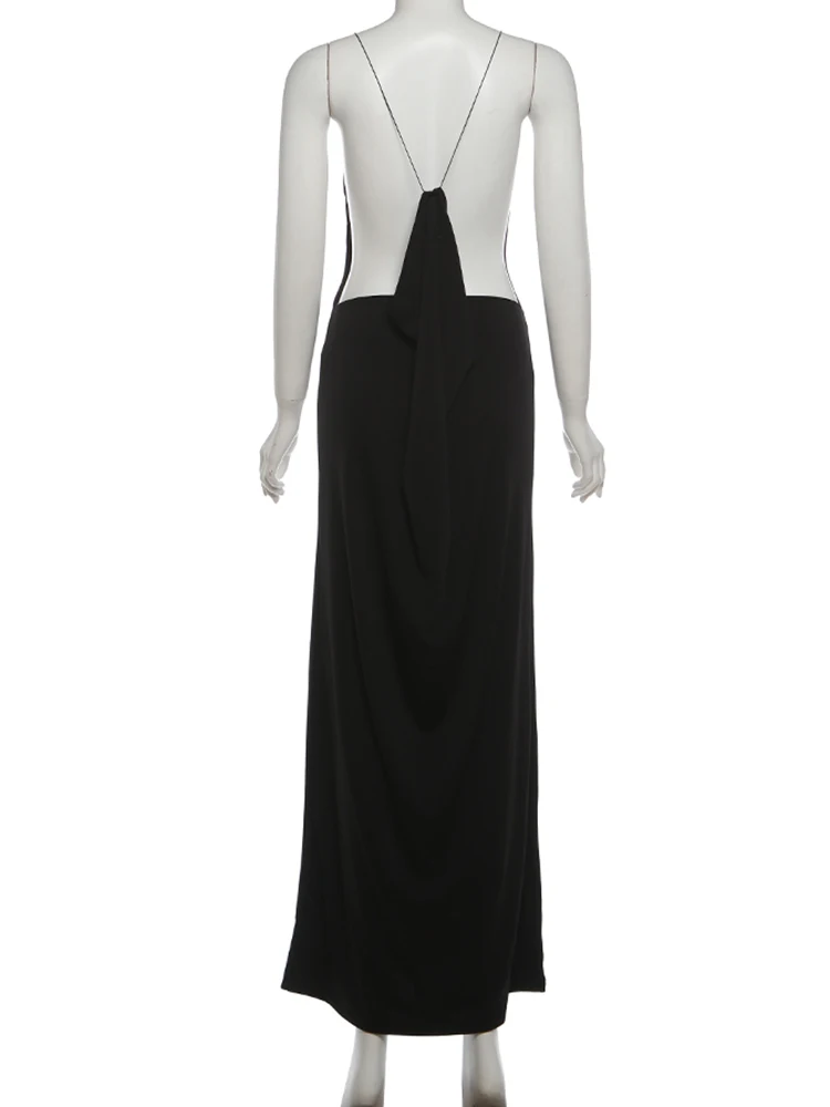 Sisterlinda Sexy Cross Backless Jurk Vrouwen Trend Metalen Kubus Mouwloze Lage Hals Coquette Midnight Party Club Stretch Vestidos