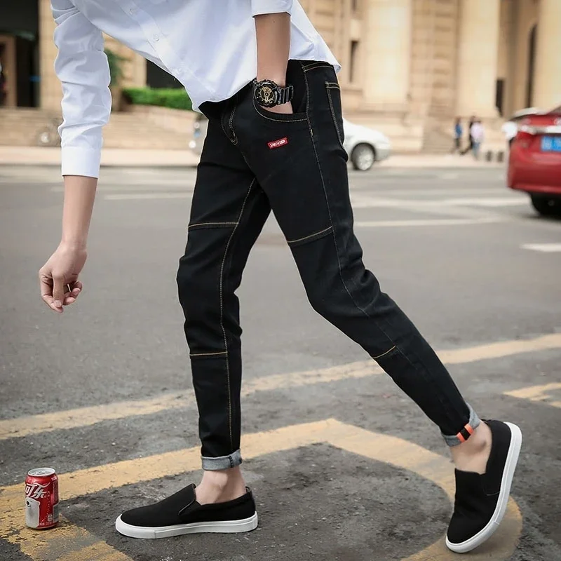 Jeans de cow-boy coniques pour hommes avec poches, pantalons masculins courts, streetwear d'hiver Kpop Y2k, FjBumoso XS, style coréen, designer