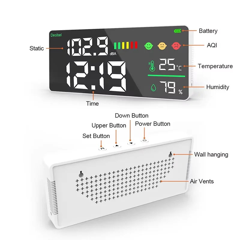 Rechargeable Wall-Mounted Decibel Meter Bilingual English Chinese Clock Built-In Lithium Gas Analyzers