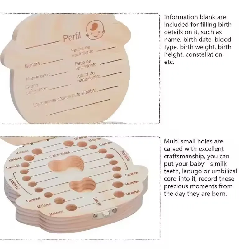 صبي فتاة الإسبانية صندوق تخزين الأسنان الخشبية الأسنان صندوق خشبي الحبل السري صندوق جمع الأسنان الرضع والأطفال صندوق تذكارية