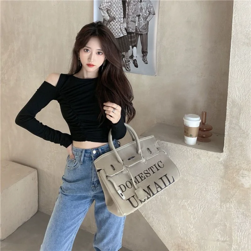 Women\'s T Shirts Off Shoulder Tees Sexy Plain Slim Black 2024 Tshirts 2000s Trend Female Tops Cool Wholesale Clothes Alt New In