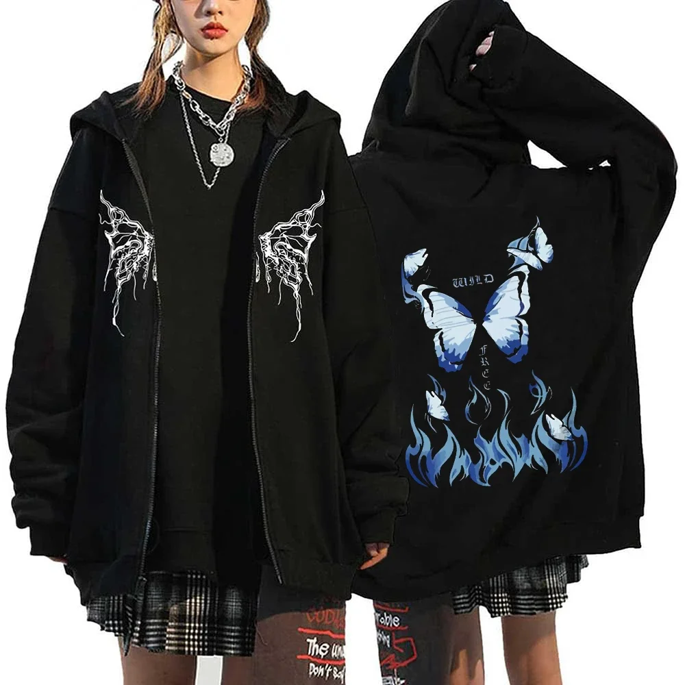 Women Vintage Butterfly Print Hoodies Autumn Winter Zip Up Long Sleeve Pocket Loose Sweatshirt Y2K Female Gothic Streetwear