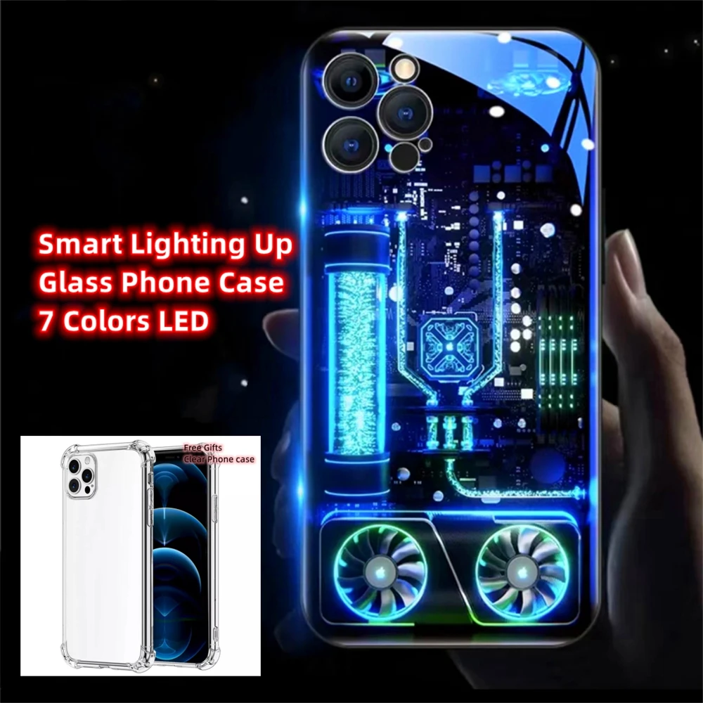 

Water Cooled Blue Sound Control LED Flash Cases Luminous Glass Cover For iPhone 15 14 13 12 11 Pro Max XR XS Plus With Gift