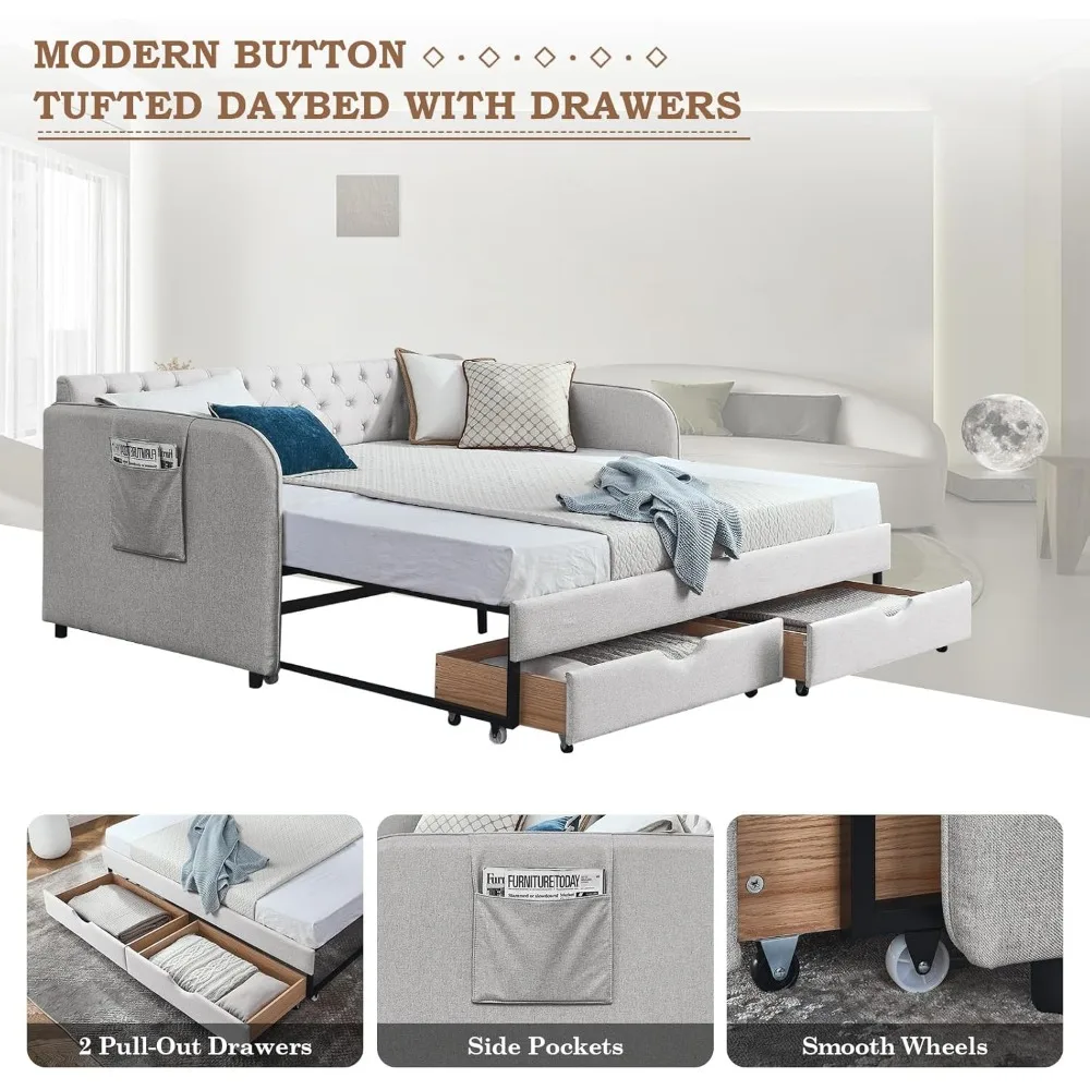 سرير نهاري مزدوج الحجم مع دولاب، أريكة منجدة ممتدة من الكتان مع درجين للتخزين، إطار سرير نهاري من الخشب معنقدة بزر
