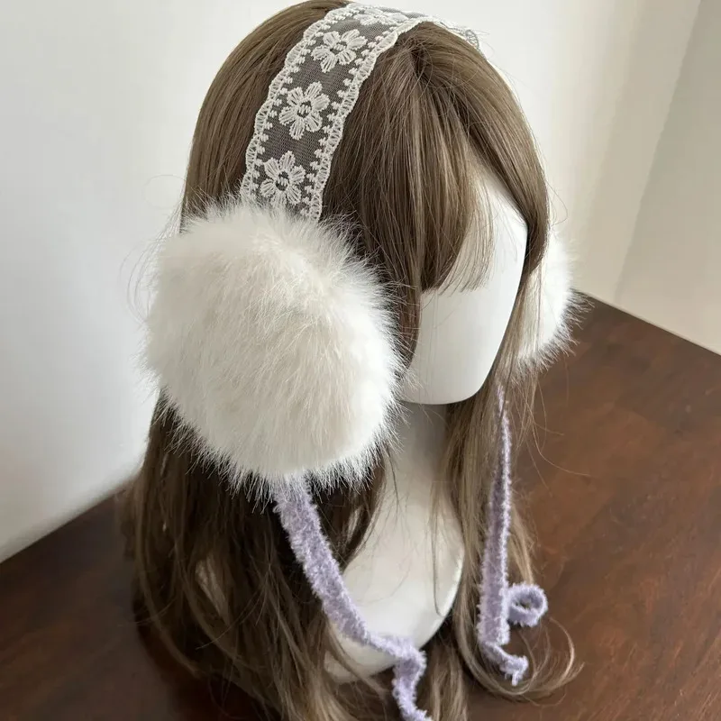 Lace Bow Earmuffs Winter Warm Thickened Women Kawaii Japanese JK Tape Ear Protection hairband Cycling Earbags Y2k Accessories