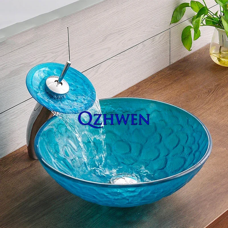 Unique Design Blue Wave Bathroom Sink Round Simple Glass Wash Basin Home Improvement Countertop Sink with Hardware Faucet Set