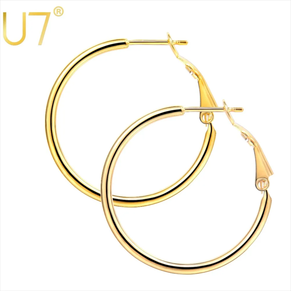 

U7 Stainless Steel 30/50/70/100mm Simple Round Hoop Earrings for Women Girls Hollow Tube Line Stripes Light Weight Ear Jewelry