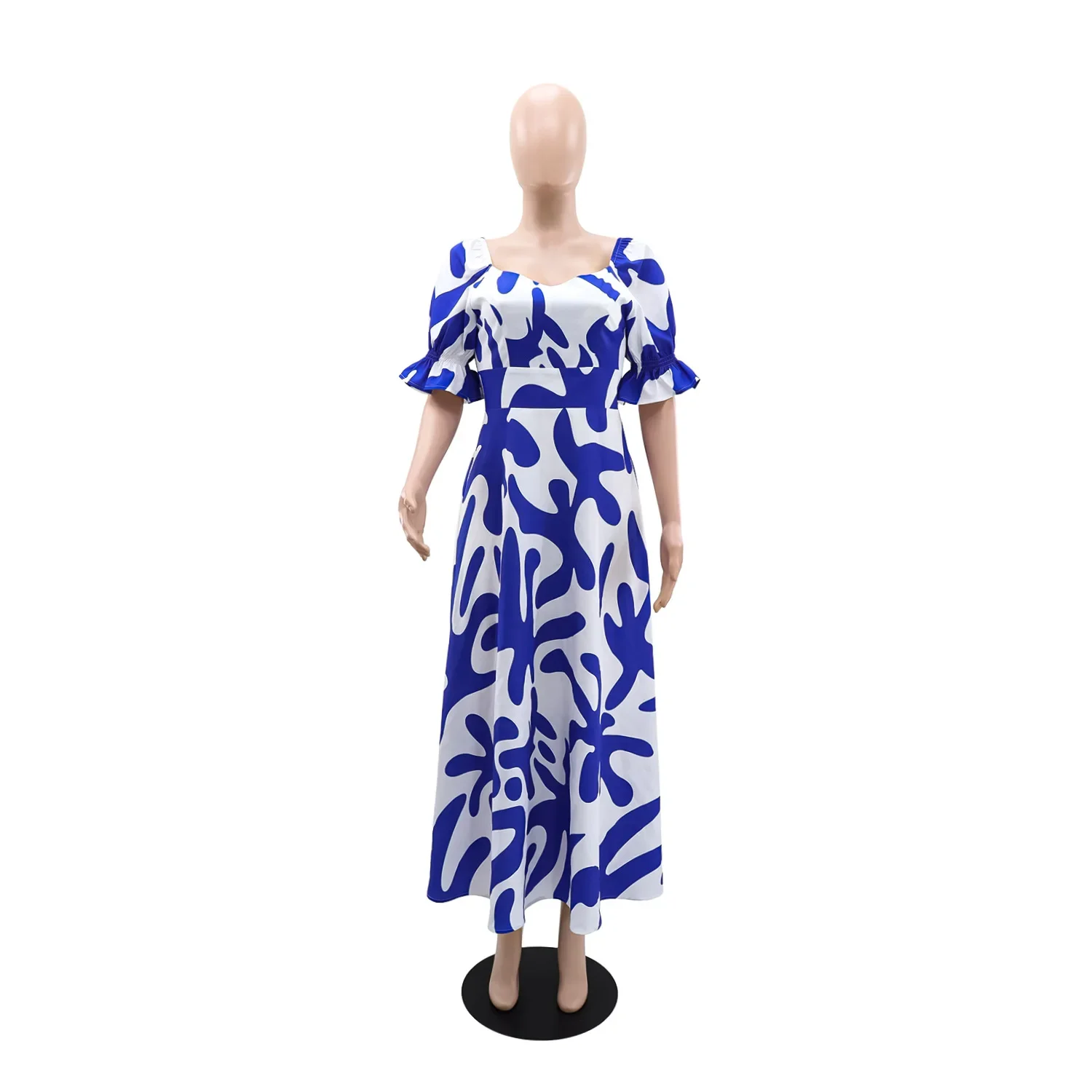 

American European New Fashion Summer Women's Blue Printed V-neck Short Sleeve Ankle Length Dresses Female Casual Trendy Clothes