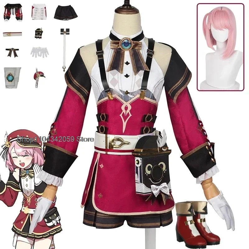 Game Genshin Impact Charlotte Cosplay Costume Wig Shoes Full Set Uniform With Hat Halloween Carnival Party Outfit