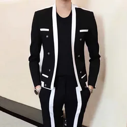 Terno listrado contraste masculino, roupa de palco justa, preto, branco, terno de noivo disfarçado, festa de casamento masculina, outono, inverno, 2019