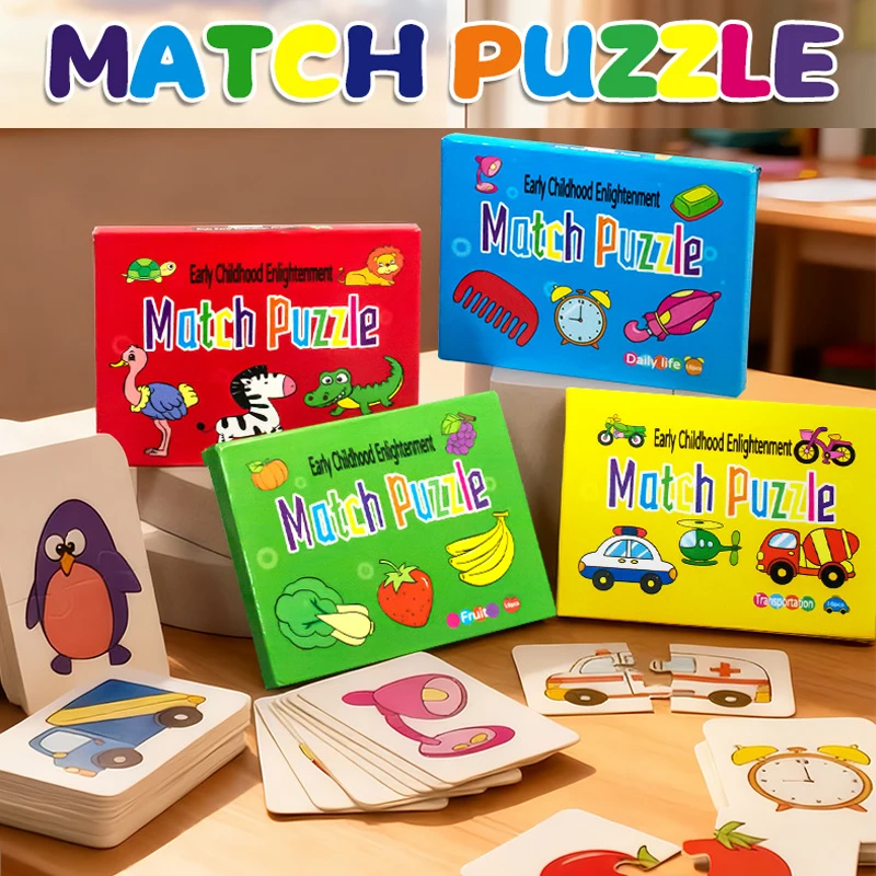 32pcs Matching Card Puzzle Toys Cartoon Animal Vehicle Color Shape Cognitive Puzzle Early Learning Educational Toys for Kids