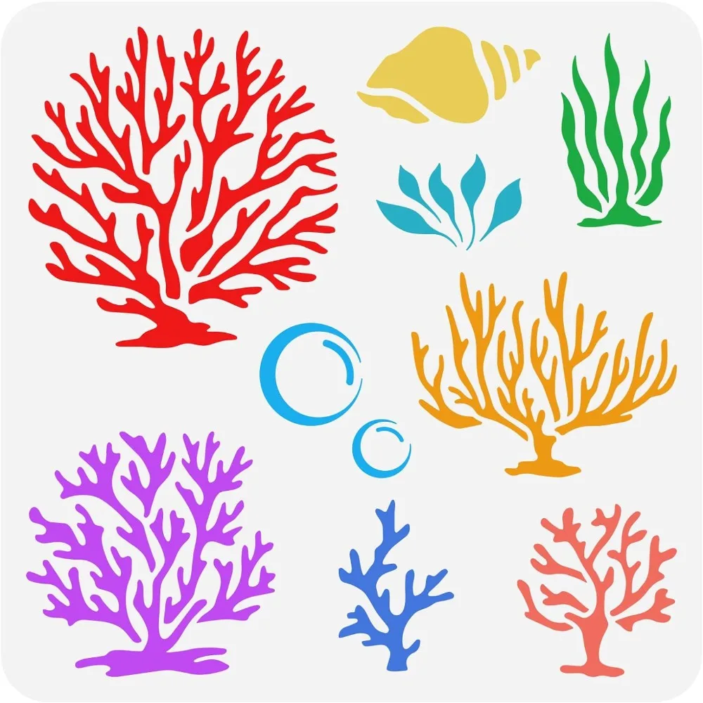 Sea Coral Wall Stencil 11.8x11.8inch Reusable Seaweed Corals Conch Bubble Painting Template DIY Art Summer Themed Sea Life