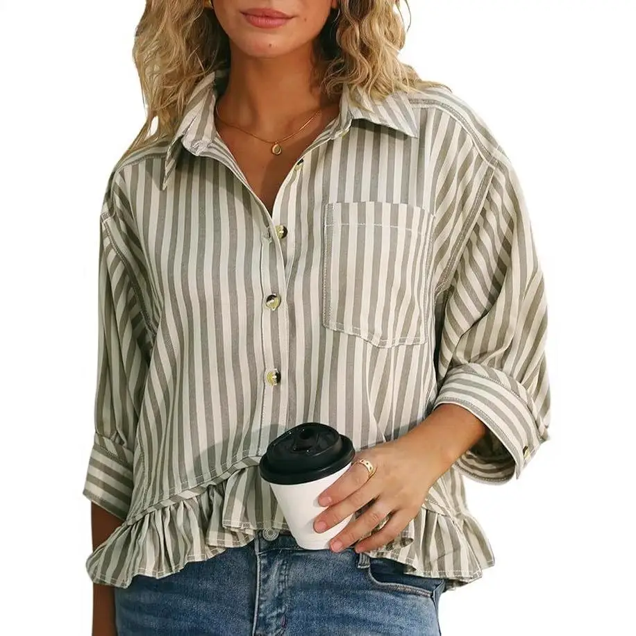 Casual zomer irt voor dames Button ort Sve geplooide zoom gestreepte top polyestervezel Bubble Sve normaal dun