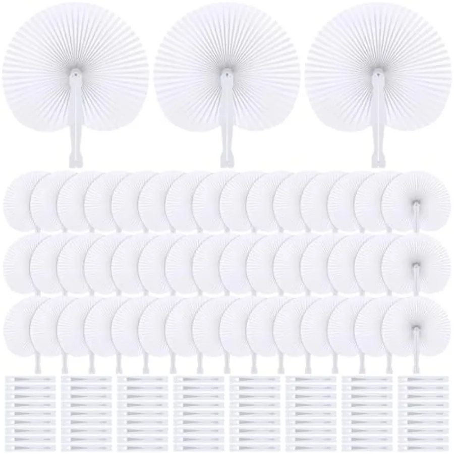 

Aodaer 200 Pieces Folding Handheld Paper Fans 9 Inch White Wedding Paper Fans Round Shaped Fan with Plastic Handle for Wedding