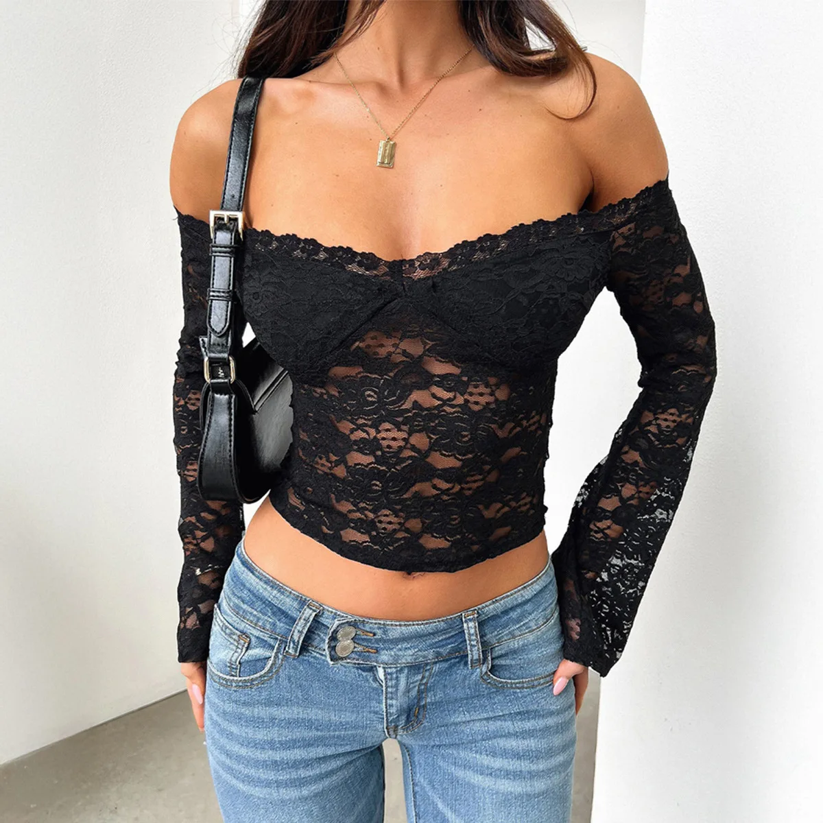 2025, Herbst, Y2K, sexy Spitzen-Top für Damen, aushöhlen, langärmelig, schmale Passform, dehnbar, durchsichtig, Netzbluse