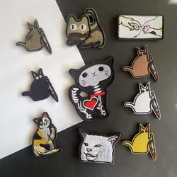 Meme Knife Cat Funny Badges Fabric Applique Embroidered Clothes Stickers,Tactical Patches with Hook and Loop For Backpack,Hat