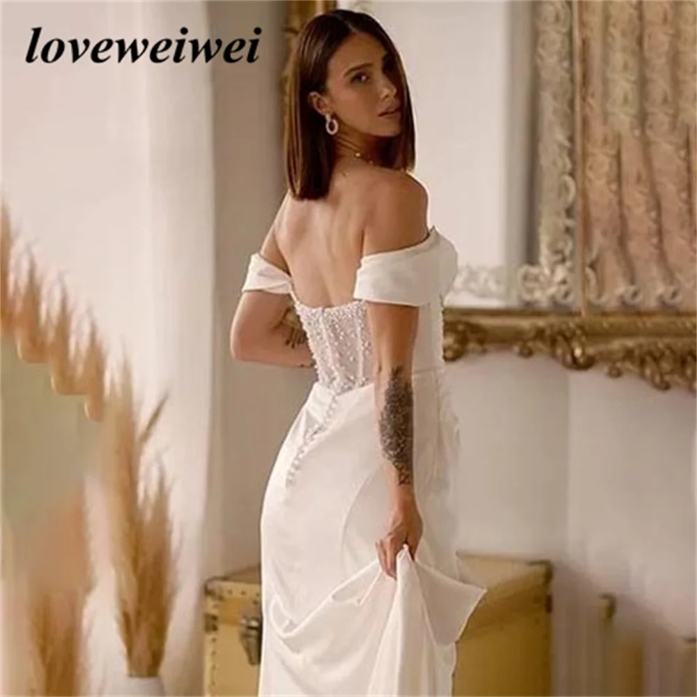 Satin Off Shoulder Wedding Dress V Neck Mermaid Beading Pleated Bridal Gowns Sexy High Slit Wedding Dresses Vestido De Novia