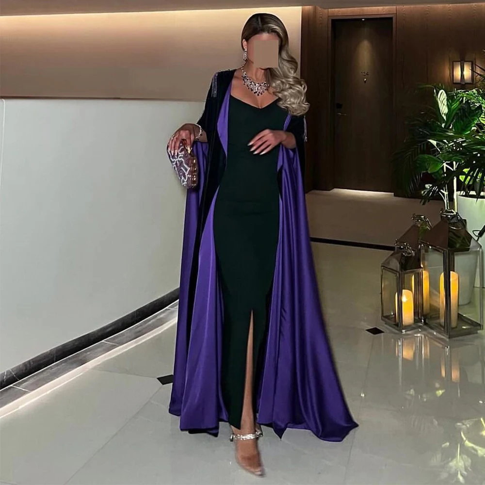 

Saudi Retro Luxury Evening Dresses 2024 Green and Purple Velour Beading Rhinestones Straight V-neck Elegant Prom Gown Long