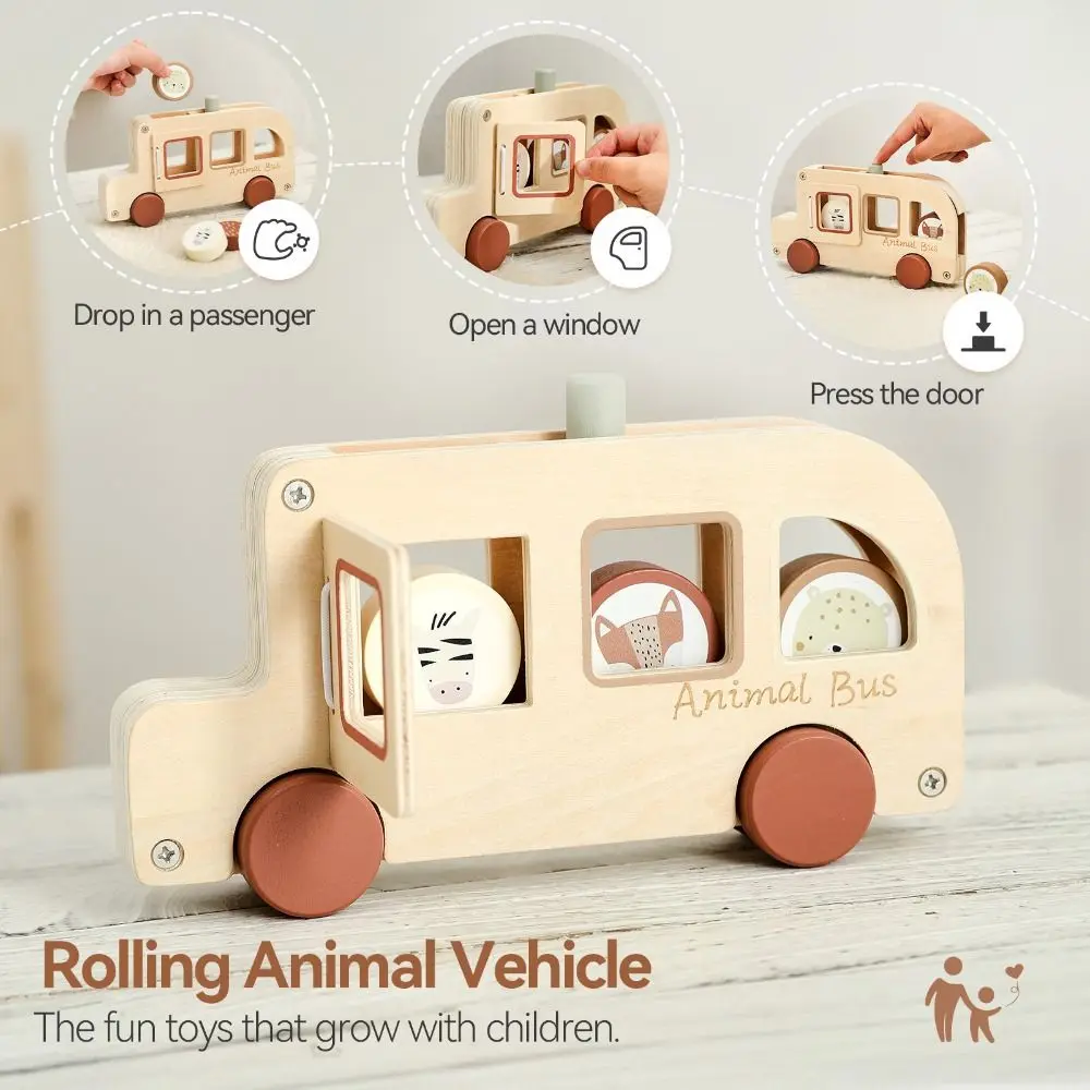 

Wooden Material Wooden Bus Toy Animal Figures Hand-eye Coordination Hand-pushed Car Fine Motor Skills Cylinder Blocks