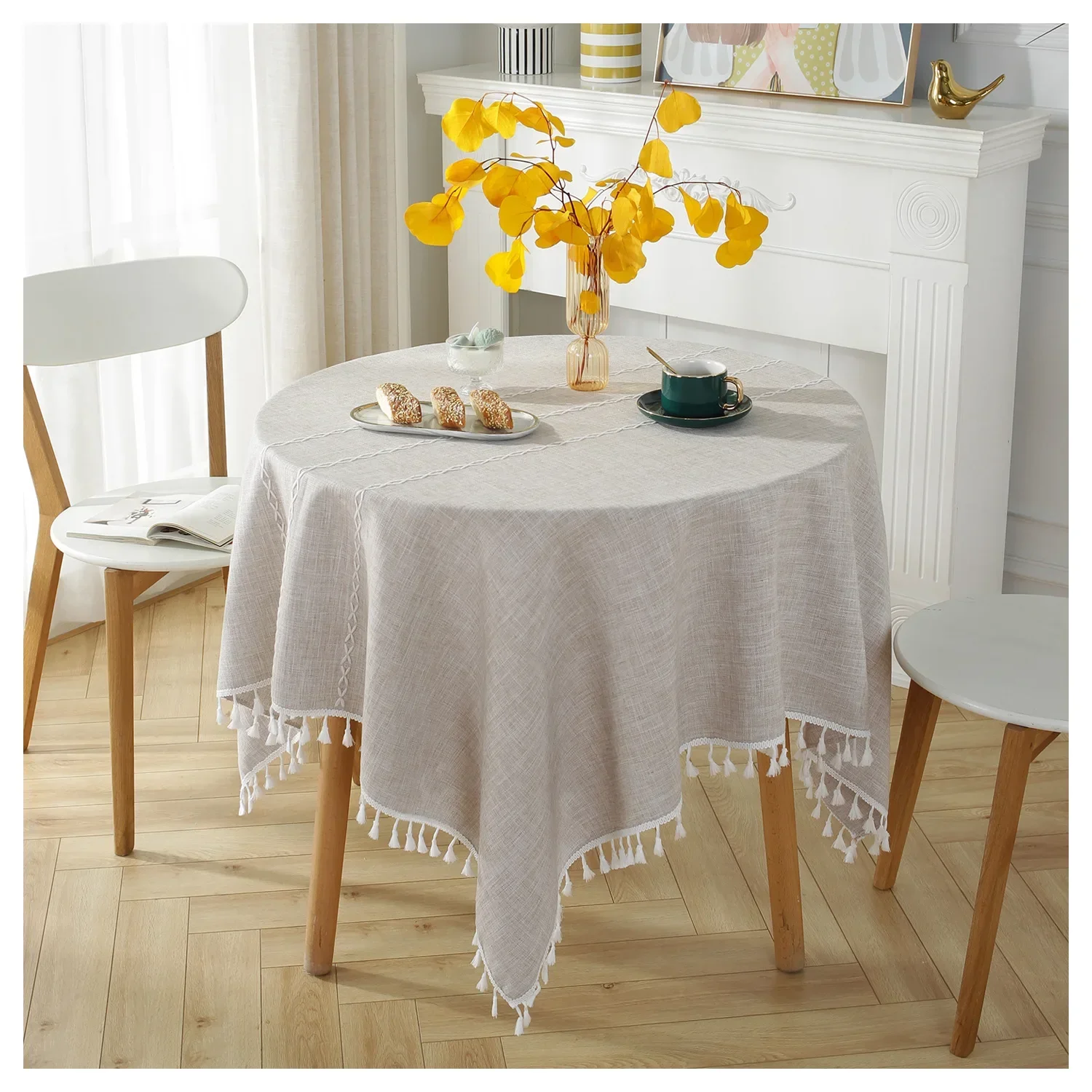 Nordic Round Tablecloth Striped Reading Table Dining Table Cloth Solid Color Cotton Linen Three-dimensional Embroidered