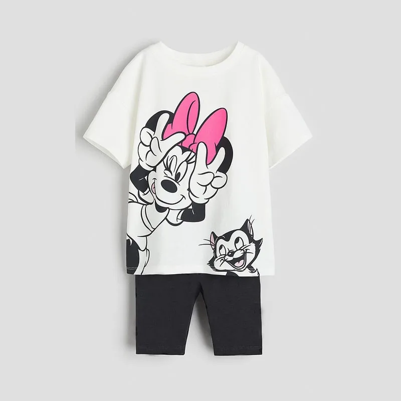 Summer Minnie Print Tshirt Casual Fashion Outfits Girls Baby Short Sleeve Tracksuits Kids Wear New Cute White Tees Cropped Pants