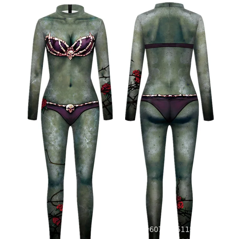 Halloween Sexy Damen Kostüm mit Digitaldruck, Karneval Bodysuit mit Reißverschluss, Party Cosplay Jumpsuit Outfit – Detail 34