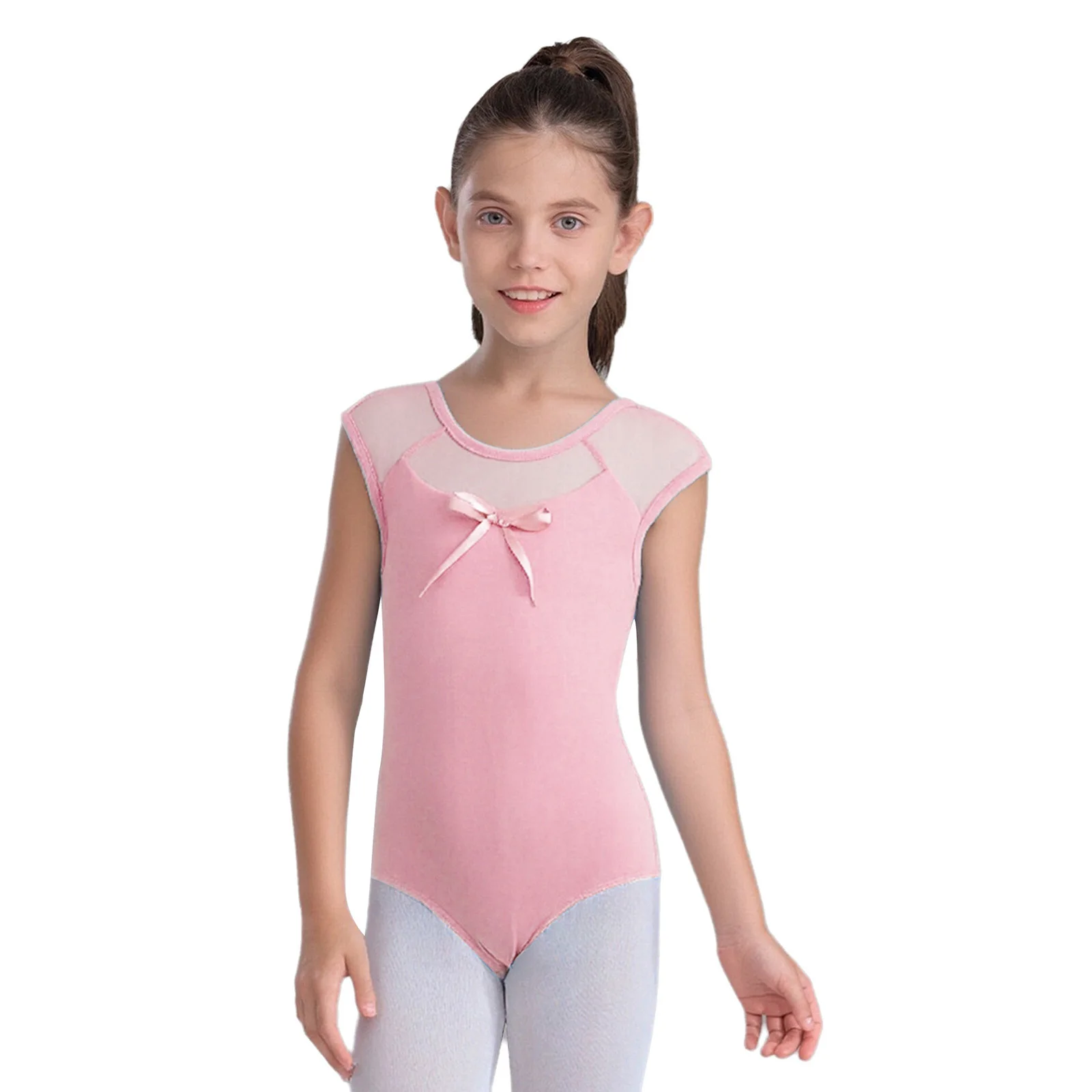ชุดบอดี้สูทเด็กผู้หญิงสำหรับยิมนาสติกและบัลเลต์ แบบผูกโบว์เว้าหลัง ผ้าตาข่ายโปร่งแสง ชุดจั๊มสูทสำหรับเต้นรำ ชุดแสดง