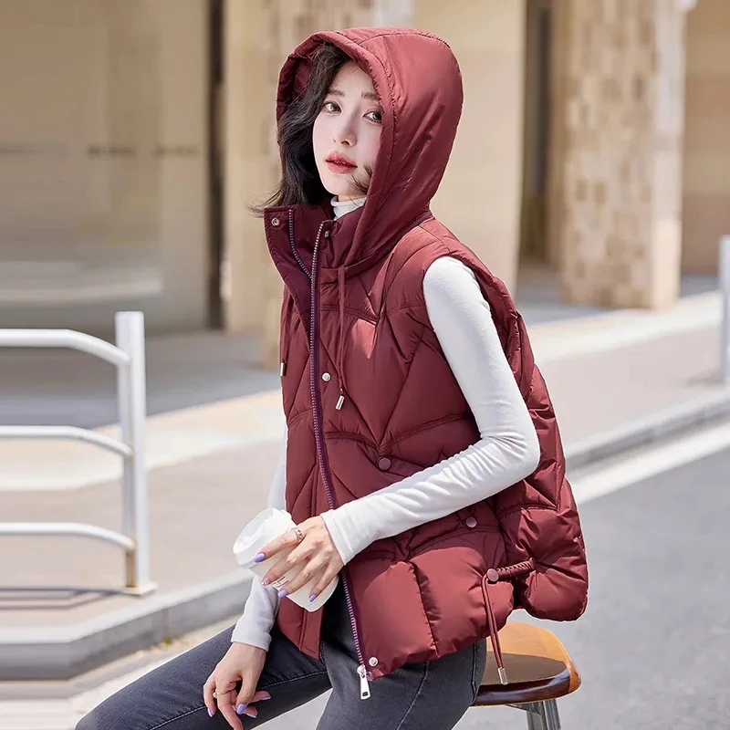 

Korean Winter Short Down Cotton Sleeveless Vest Women Hooded Zipper Jacket Ladies Casual Fashion Female Waistcoat Outerwears