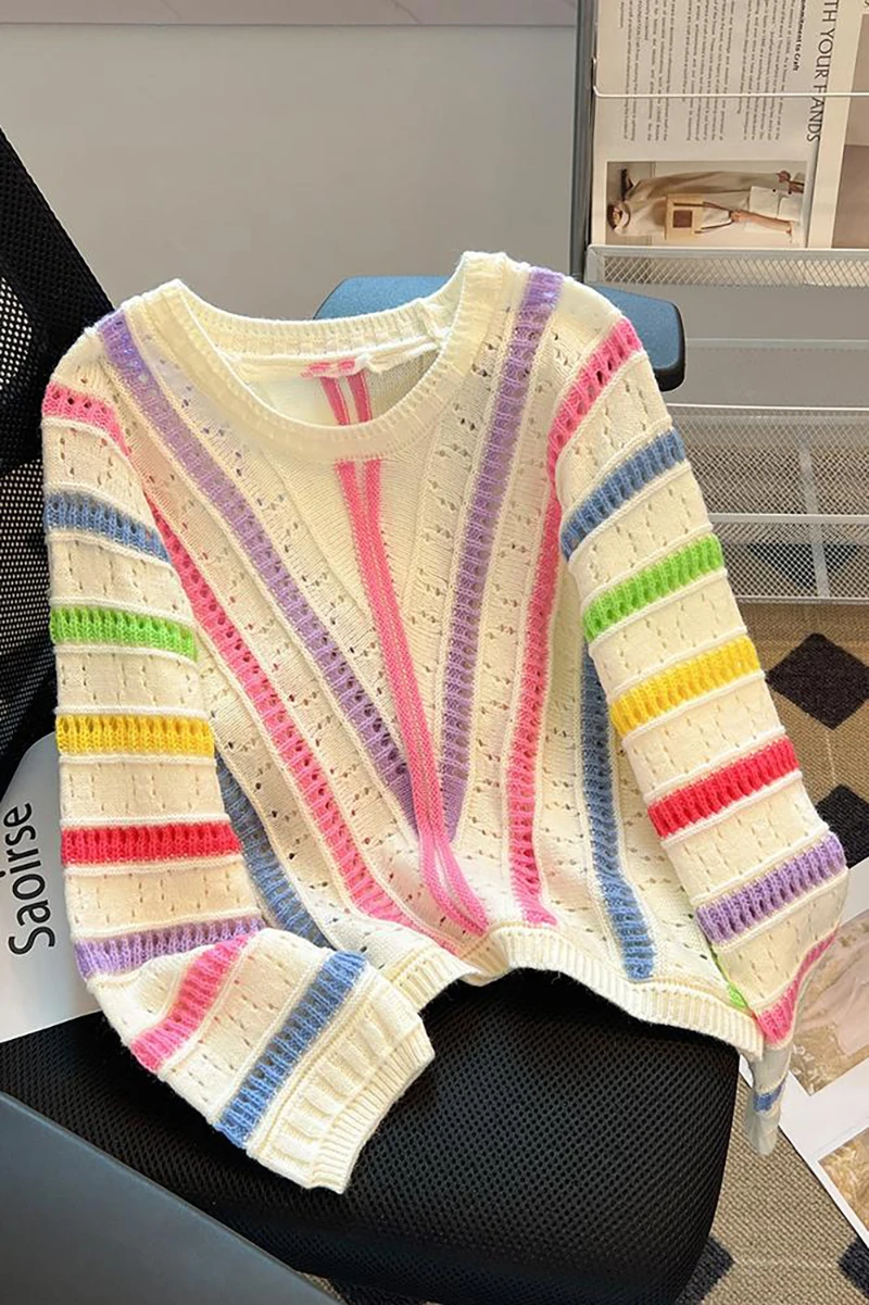 New Rainbow Striped Hollow Sweater Women Korean Retro Fashion Lazy Long Sleeve Knitted Round Neck Pullover Chic Pullover