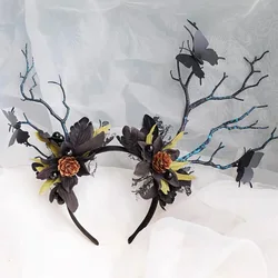 Handmade Black Headband Gothic Reindeer Horns Tree Branch Headpiece for Women Girls Halloween Cosplay Goth Wedding Party