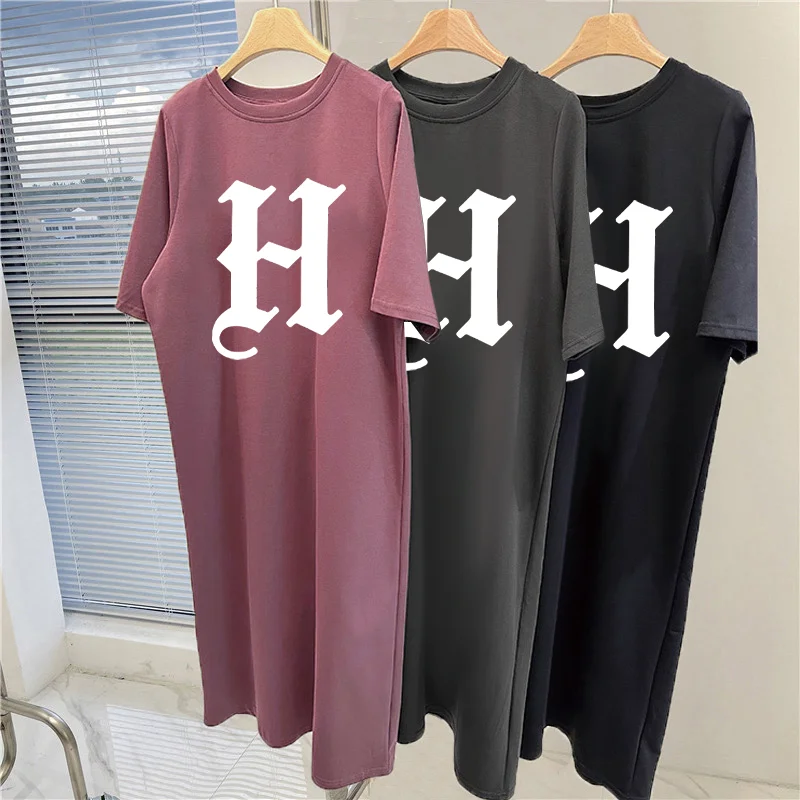 Women Casual Short Sleeve Maxi Dress Gothic Letter H Print Loose Oversized Side Split Summer Long T Shirt Dress view 5