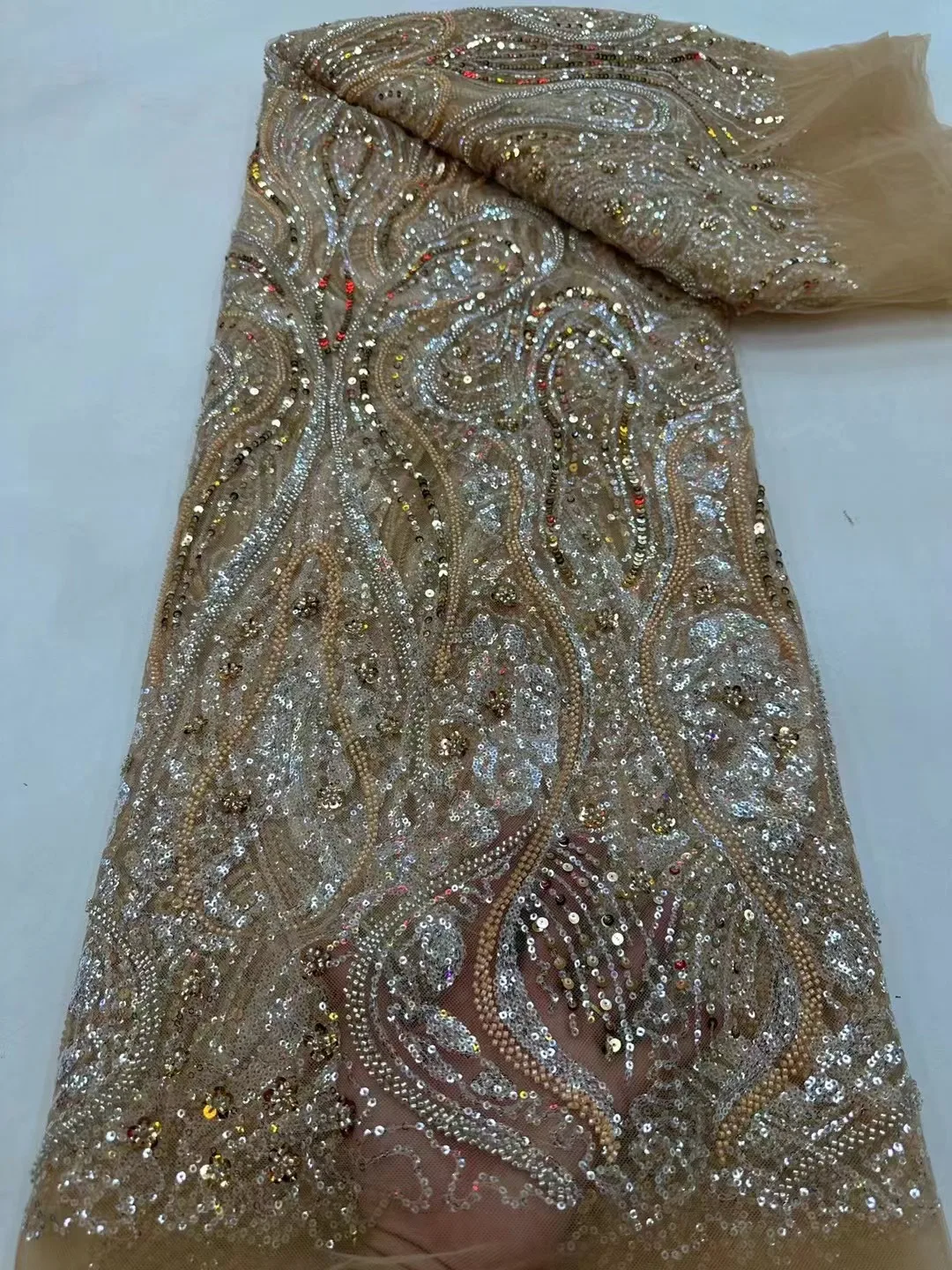 

5 Yards Luxury High-end Beaded Fabric Heavy Sequins Embroidery Fabric Fashion French Tulle Mesh Lace Fabric for Wedding