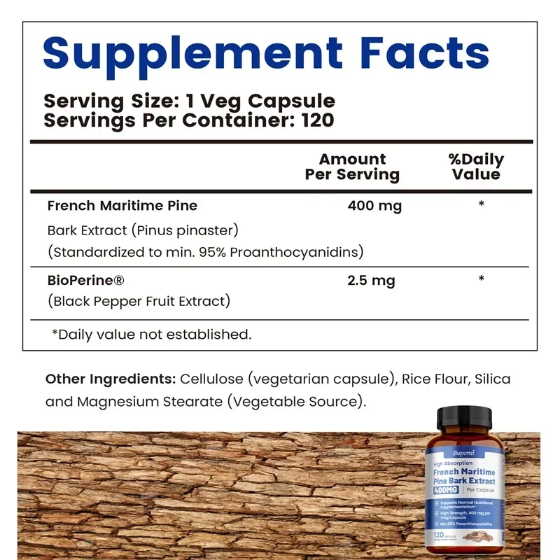 French Maritime Pine Bark Extract - Nutrient Absorption, Promotes Healthy Hair and Skin, Antioxidant, Supports Blood Circulation