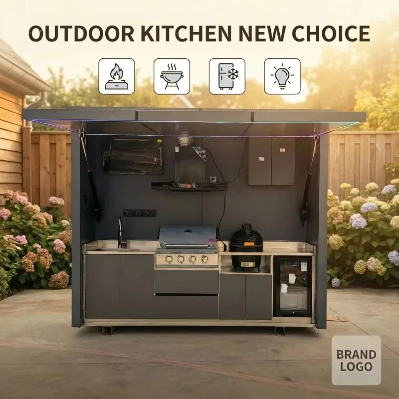 outdoor kitchen cabinets modular stainless steel BBQ station with roof and countertop designed for commercial use Custom