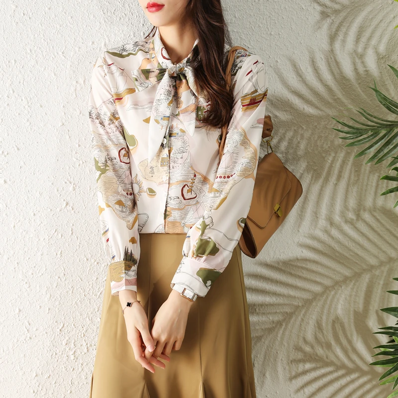 

Women Clothing Y2K Bow O-neck Blouse Elegant Loose Casual Office Lady Long Sleeve Chiffon Shirts Autumn Fashion Printed Tops