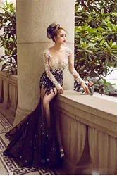 Sheer Illusion Lace Appliques Prom Dresses Custom Long Sleeves Slim Mermaid Formal Evening dressse for Women Wedding Party dress