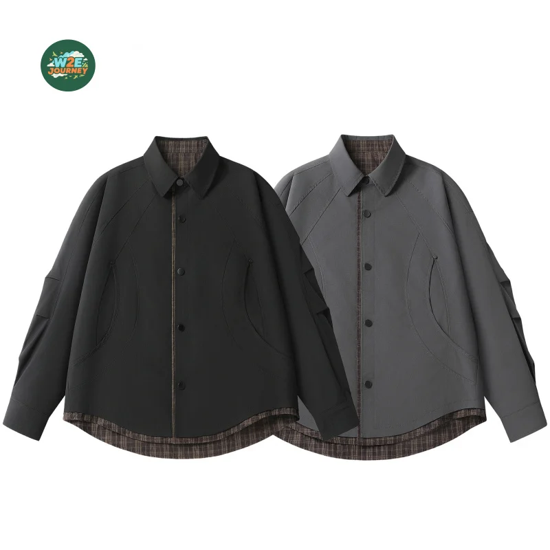 W2EJOURNEY EU US Size Cityboy Plaid Faux Two-Piece Work Shirt Autumn Travel Camp Hunting Unisex Loose Casual Shirt