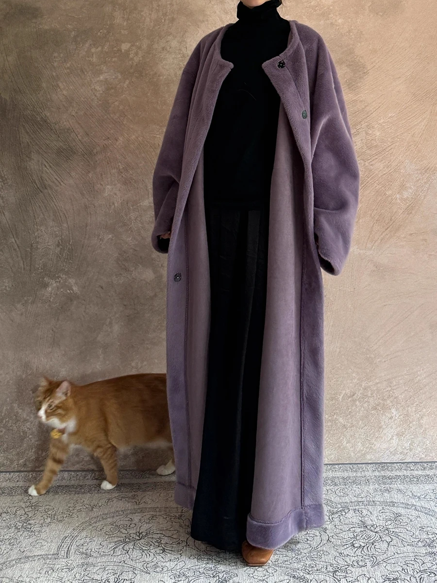 

Lautaro Winter Extra Long Purple Fluffy Faux Mink Fur Coat Women Removable Collar Elegant Luxury Designer Clothes Overcoat 2025