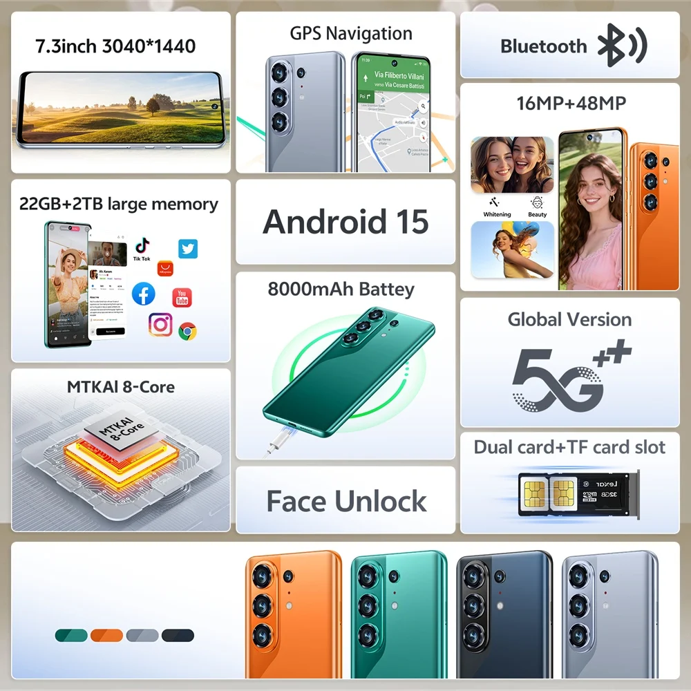 K-Touch Smartphone 5G C26 Ultra Mobile Phones Android 22GB+2TB Cell Phone Smartphone 5G Dual SIM 7800mAh 7.3inch 8000mAh Battery Face Unlock Mobile Phone