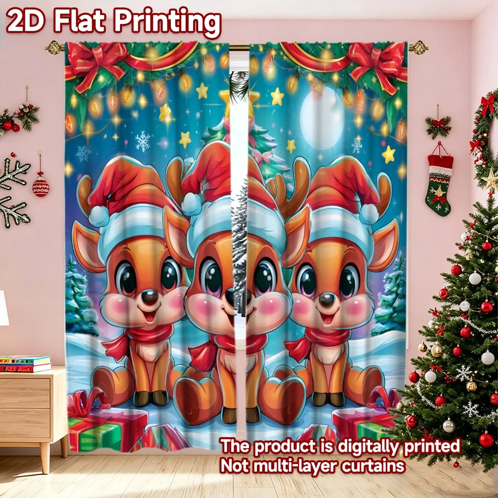 2D flat printing 2pcs Popular Christmas Curtains Christmas Cute Reindeer Scene Digitally printed polyester, durable Holiday